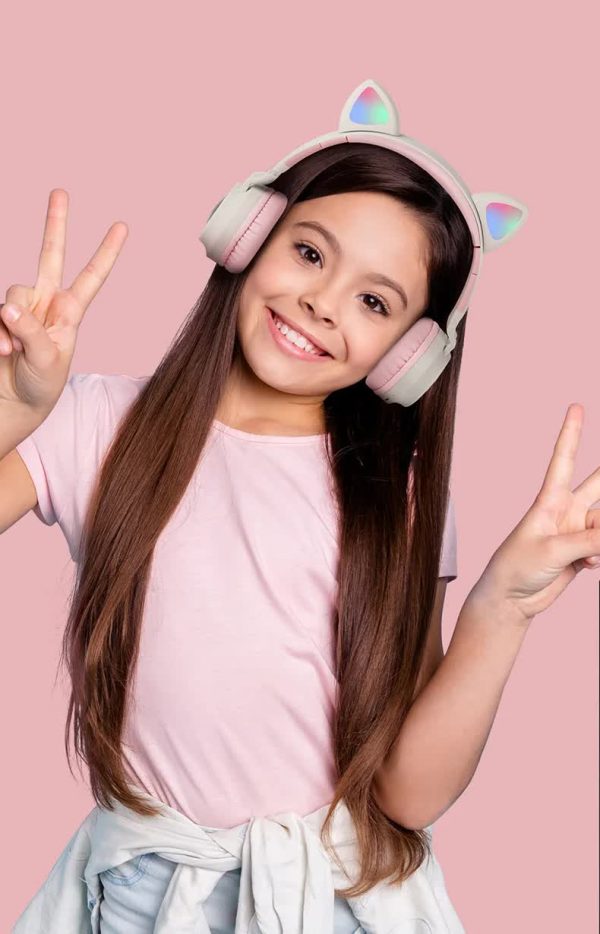 Light Grey And Pink Cat Ear Bluetooth Headphones with LED Lights - Wireless, Foldable - Image 4