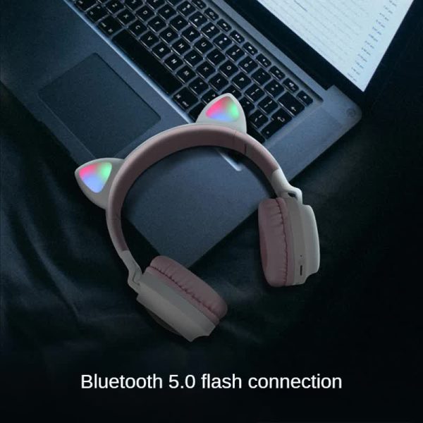Light Grey And Pink Cat Ear Bluetooth Headphones with LED Lights - Wireless, Foldable - Image 5