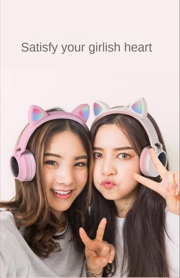 Light Grey And Pink Cat Ear Bluetooth Headphones with LED Lights - Wireless, Foldable - Image 6