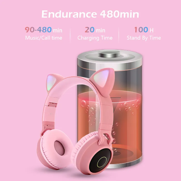 Light Grey And Pink Cat Ear Bluetooth Headphones with LED Lights - Wireless, Foldable - Image 7