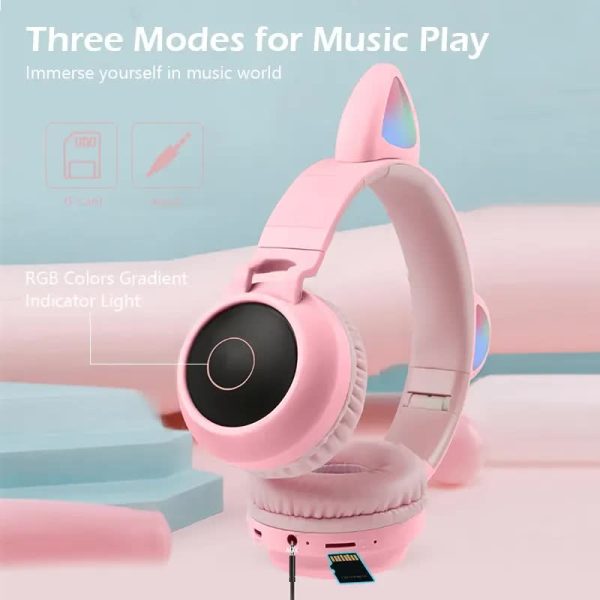 Light Grey And Pink Cat Ear Bluetooth Headphones with LED Lights - Wireless, Foldable - Image 8