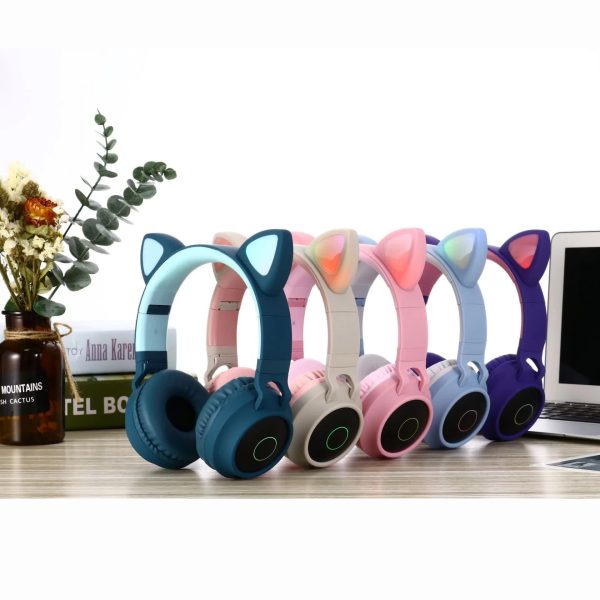 Light Grey And Pink Cat Ear Bluetooth Headphones with LED Lights - Wireless, Foldable - Image 9