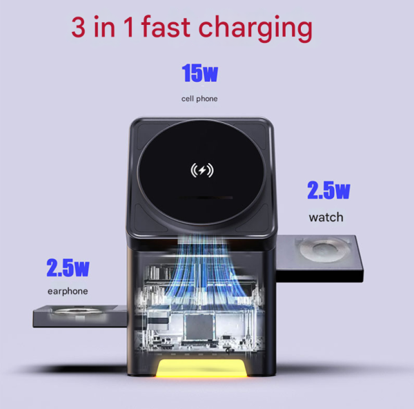 3-in-1 Wireless Charger with Magnetic Rotation - 15W Fast Charging Station for Phone, Watch, and Earbuds - Image 3