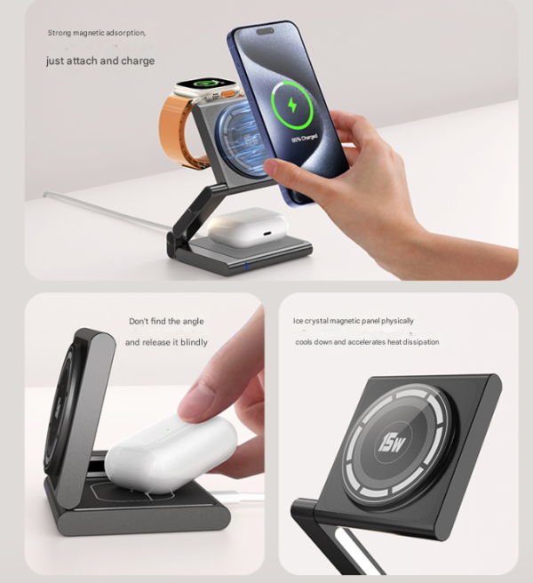 Silver Magnetic 3-in-1 Wireless Charger for Apple Devices - 15W Fast Charging Station for iPhone, AirPods, and Apple Watch - Image 3