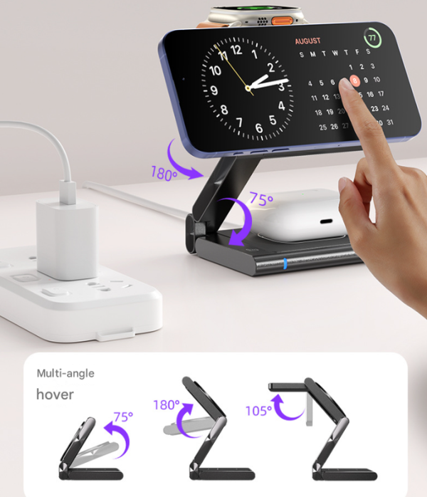 Silver Magnetic 3-in-1 Wireless Charger for Apple Devices - 15W Fast Charging Station for iPhone, AirPods, and Apple Watch - Image 4