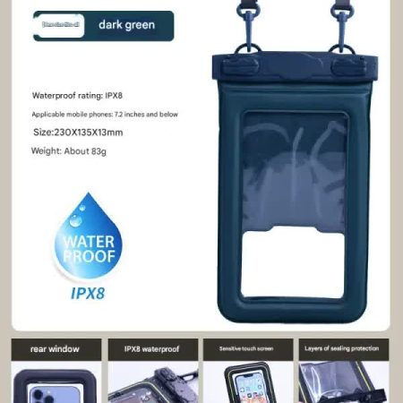 IPX8 Waterproof Phone Pouch with Inflatable Floating Layer,Touchscreen Dry Bag for Swimming(dark green)