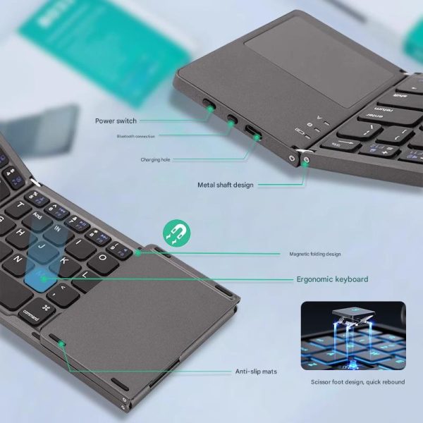White Tri-Fold Bluetooth Keyboard with Touchpad - Multi-Device Compatible (iOS/Android/Win) - Image 5