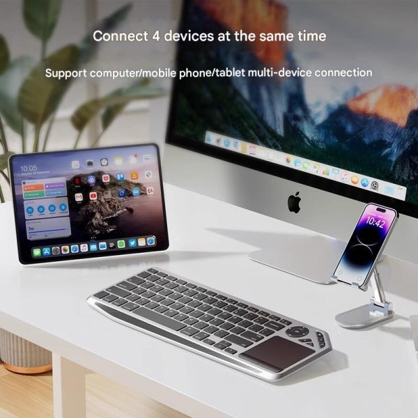 Silver And Black Slim Multi-Device Bluetooth Keyboard with Integrated Touchpad - Rechargeable Wireless Combo for PC Laptop Tablet Phone - Image 4