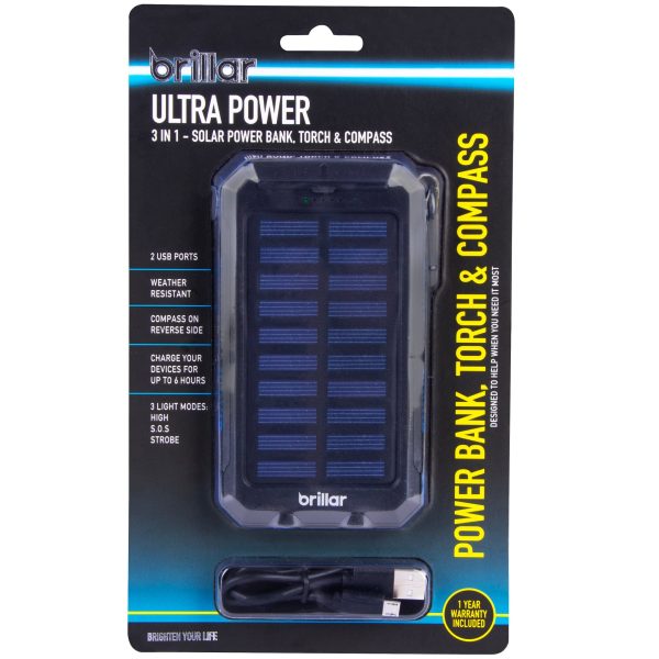 Brillar Ultra Power 3 In 1 4000mAh Solar Powerbank, Torch & Compass - Image 4