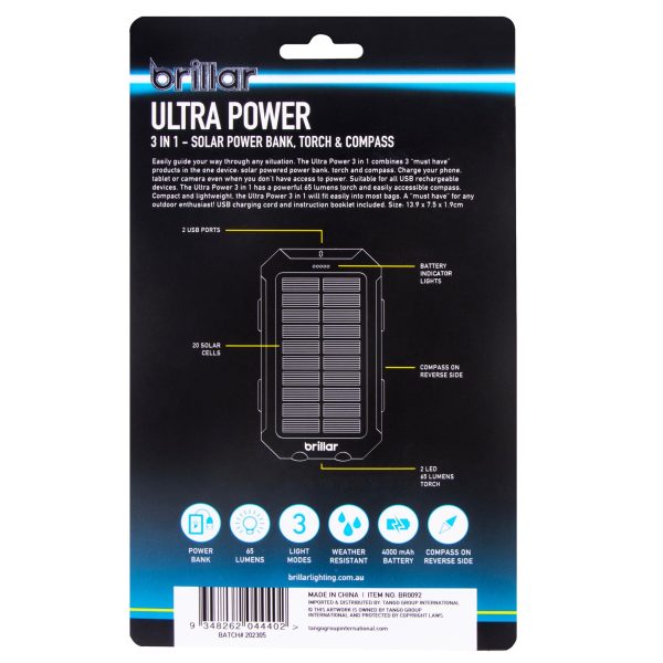 Brillar Ultra Power 3 In 1 4000mAh Solar Powerbank, Torch & Compass - Image 5