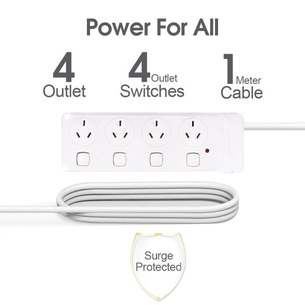 4 Outlet Power Board With Surge Protection with Individual Switches 1M Lead Cable - Image 2