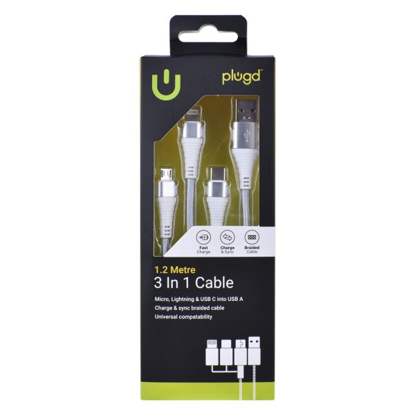 1.2M Micro USB/Lightning/USB C to USB A 3 In 1 Braided Charge & Sync Cable - Image 2