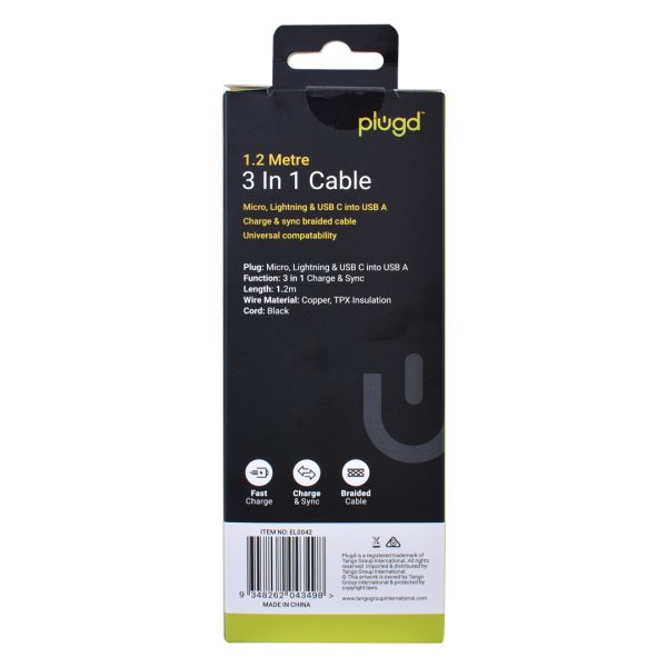 1.2M Micro USB/Lightning/USB C to USB A 3 In 1 Braided Charge & Sync Cable - Image 3