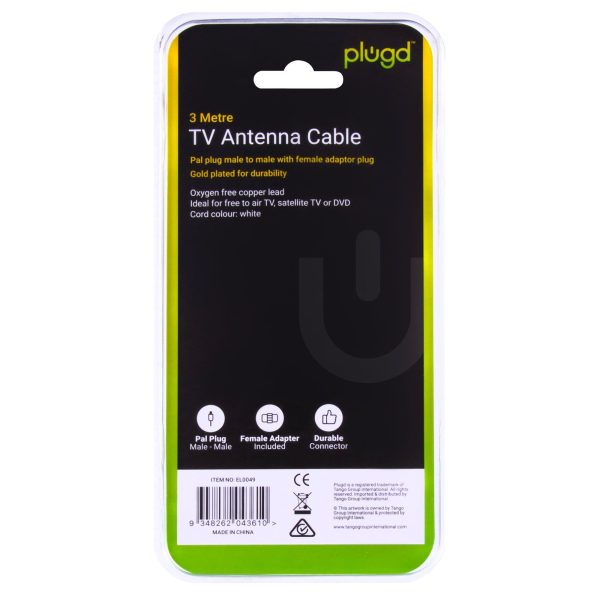 PLUGD 3 Meter PAL to PAL TV Antenna Cable with Female Adaptor - Image 3