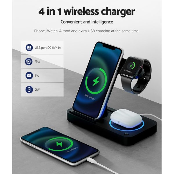 Devanti 4-in-1 Wireless Charger Station Fast Charging for Phone Black - Image 5