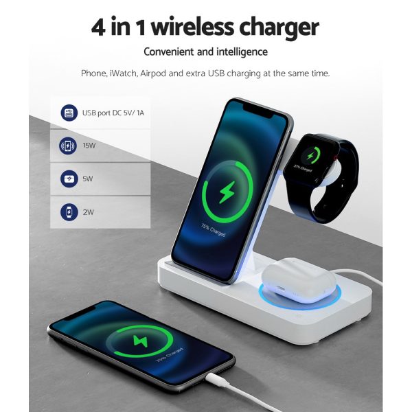 Devanti 4-in-1 Wireless Charger Dock Fast Charging for Phone White - Image 5
