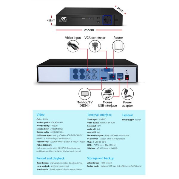 UL-tech CCTV Security System 4CH DVR 4 Cameras 1080p - Image 5