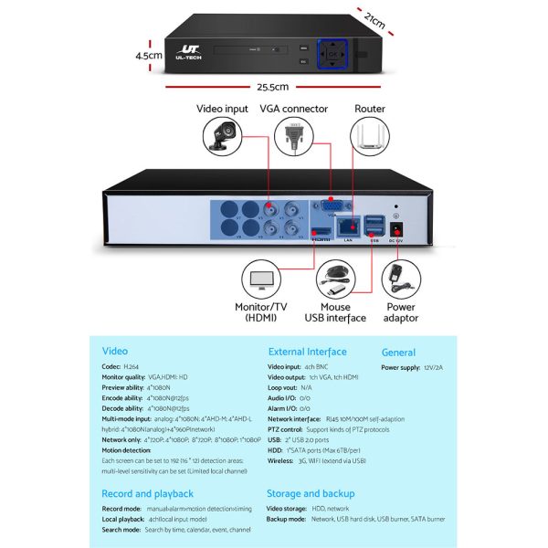 UL-tech CCTV Security System 4CH DVR 4 Cameras 1080p - Image 5