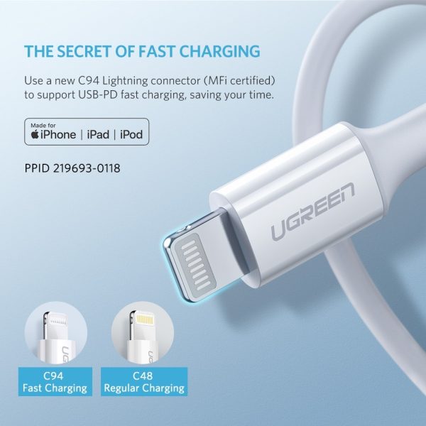 UGREEN 10493 Type-C to MFI iPhone M/M Cable Rubber Shell 1M White - Image 4