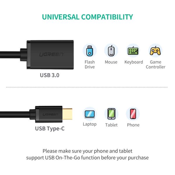 UGREEN USB Type-C Male to USB 3.0 Type A Female OTG Cable - Black 15CM (30701) - Image 2