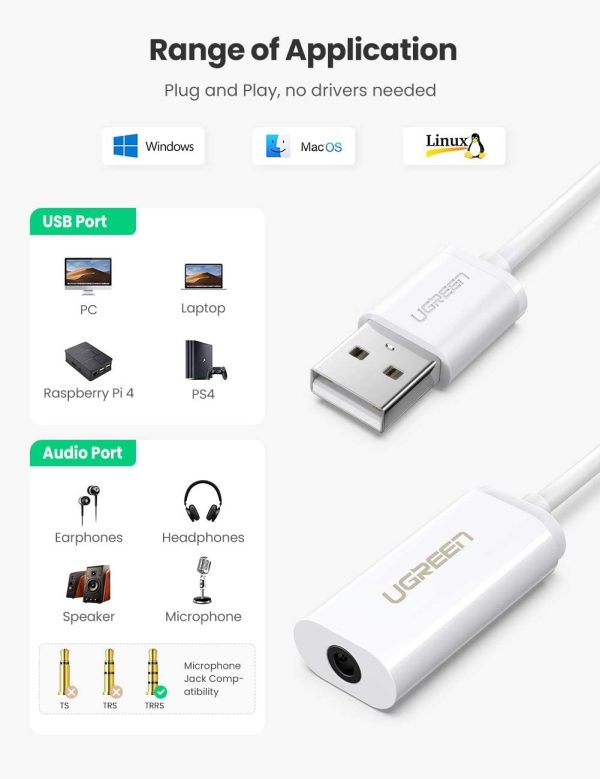 UGREEN USB A Male to 3.5 mm Aux Cable (White) - Image 2