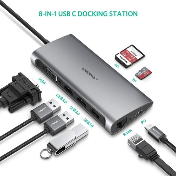 UGREEN Type C 8 in 1 Multifultion adaptor VGA/RJ45/USB3.0 x 3/SD/TF/TypeC PD Protocal (50539) - Image 3