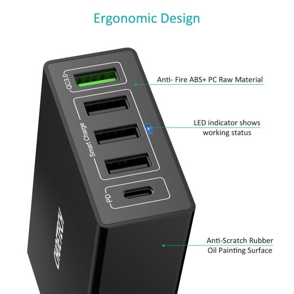 CHOETECH Q34U2Q 5-Port 60W PD Charger with 30W Power Delivery and 18W Quick Charge 3.0 - Image 2