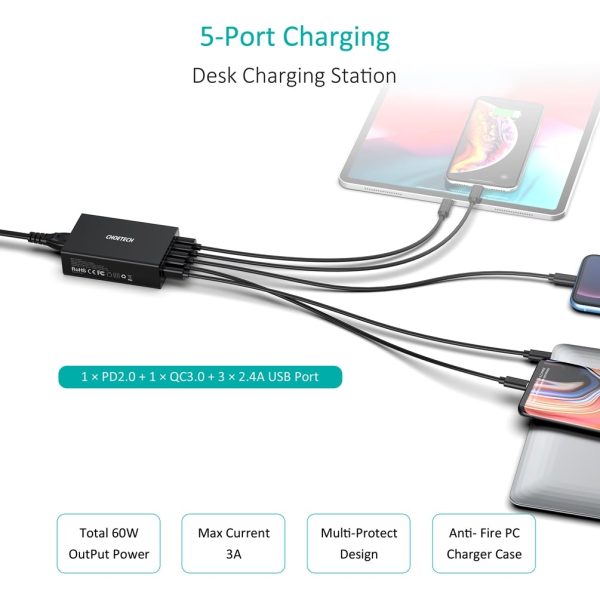 CHOETECH Q34U2Q 5-Port 60W PD Charger with 30W Power Delivery and 18W Quick Charge 3.0 - Image 3