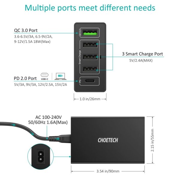 CHOETECH Q34U2Q 5-Port 60W PD Charger with 30W Power Delivery and 18W Quick Charge 3.0 - Image 4
