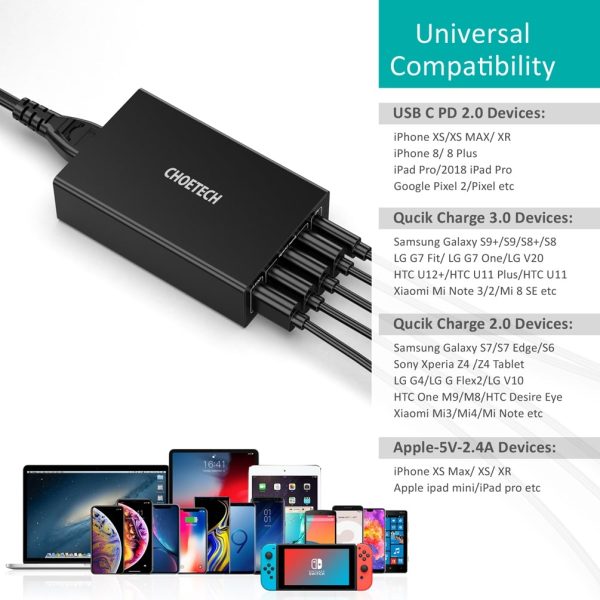 CHOETECH Q34U2Q 5-Port 60W PD Charger with 30W Power Delivery and 18W Quick Charge 3.0 - Image 5