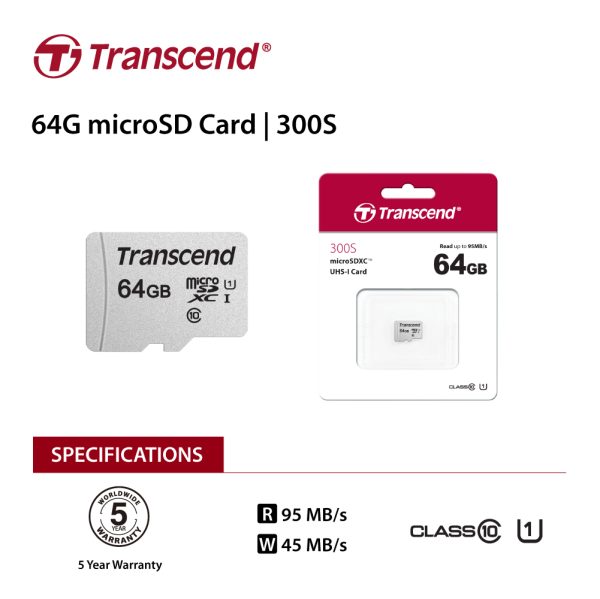 TRANSCEND TS64GUSD300S 64GB UHS-I U1 microSD w/o Adapter  (microSDHC I, C10, U1) - Image 2