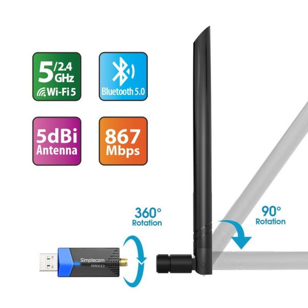 Simplecom NW632 Wi-Fi 5 Bluetooth 5.0 USB Adapter Dual Band AC1200 - Image 3