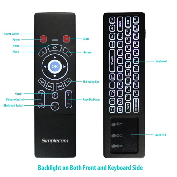 Simplecom RT250 Rechargeable 2.4GHz Wireless Remote Air Mouse Keyboard with Touch Pad and Backlight - Image 3