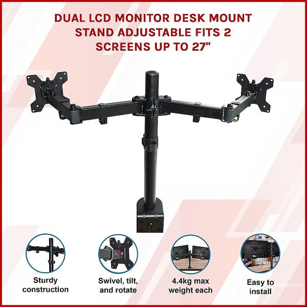 Dual LCD Monitor Desk Mount Stand Adjustable Fits 2 Screens Up To 27" - Image 3