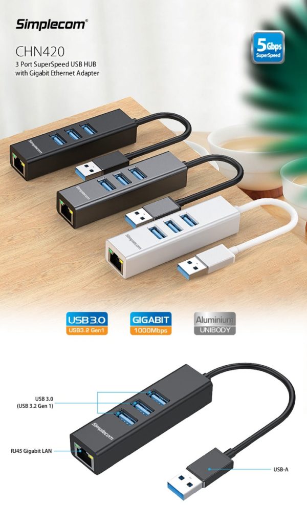 Simplecom CHN420 Aluminium 3 Port SuperSpeed USB HUB with Gigabit Ethernet Adapter Black - Image 3