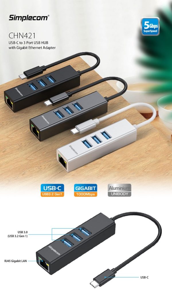Simplecom CHN421 Aluminium USB-C to 3 Port USB HUB with Gigabit Ethernet Adapter Black - Image 4