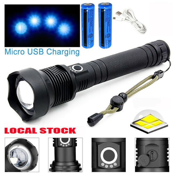 99000LM Ultra Bright LED Tactical Flashlight 3-Modes Zoom Torch USB Charging - Image 2