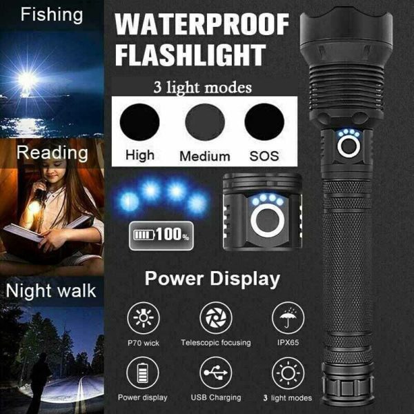 99000LM Ultra Bright LED Tactical Flashlight 3-Modes Zoom Torch USB Charging - Image 6