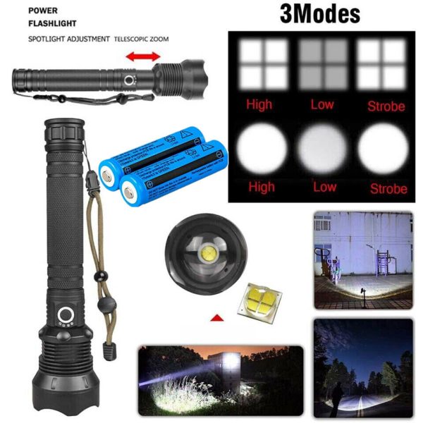 99000LM Ultra Bright LED Tactical Flashlight 3-Modes Zoom Torch USB Charging - Image 7