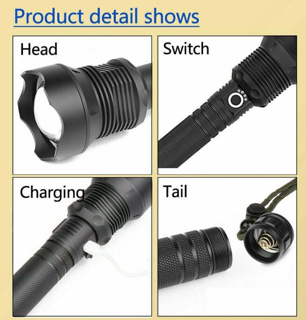 99000LM Ultra Bright LED Tactical Flashlight 3-Modes Zoom Torch USB Charging - Image 10