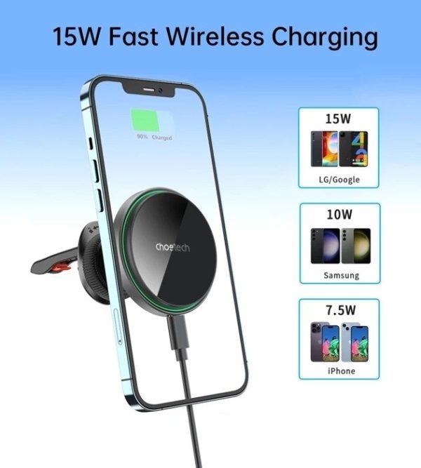CHOETECH T204-F 15W Magnetic Car Charger Holder with LED Light (Aluminium alloy housing) - Image 2