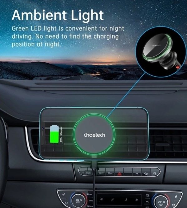 CHOETECH T204-F 15W Magnetic Car Charger Holder with LED Light (Aluminium alloy housing) - Image 8