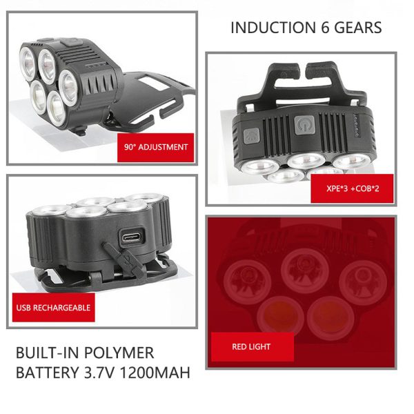 6 Modes LED Head Torch Induction Headlight Camping COB Infrared Strong Lights - Image 5