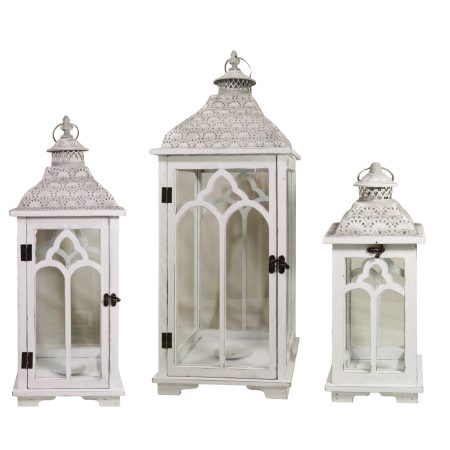 Set 3 Moroccan Metal & Wooden Lantern White 79cm