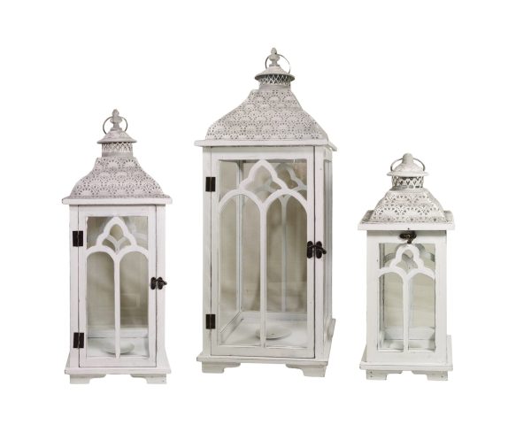 Set 3 Moroccan Metal & Wooden Lantern White 79cm
