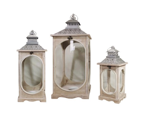 Set 3 Natural Wooden Lantern w Oval Shape 76cm