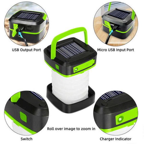 Green Collapsible Portable Solar LED Camping Lantern with USB Charging - Image 2