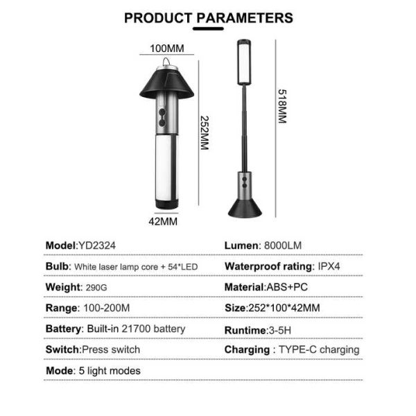 Multifunctional Telescopic Camping Lantern ? Portable LED Light with Adjustable Height and USB-C Charging (Up to 51.8 cm) - Image 5