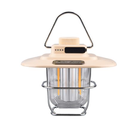 Beige Vintage LED Camping Lantern - Rechargeable, Stepless Dimming, Power Bank