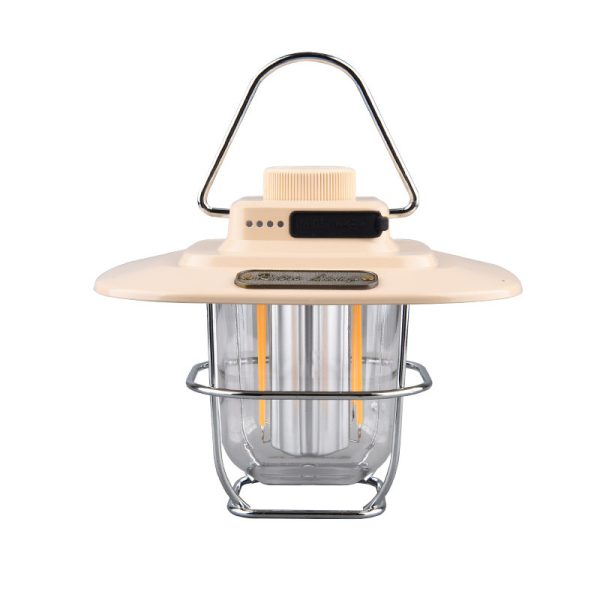 Beige Vintage LED Camping Lantern - Rechargeable, Stepless Dimming, Power Bank